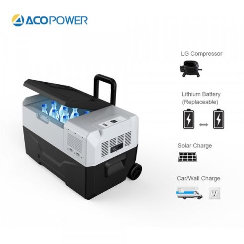 AcoPower R30A Portable Solar Fridge Freezer - Rechargeable with Solar/AC/DC - 32 qt/ 30 L