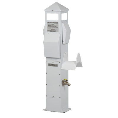 Pedestal de energía de 36″ con 1 receptáculo de 30A, 1 de 20A, soporte para manguera y luz LED