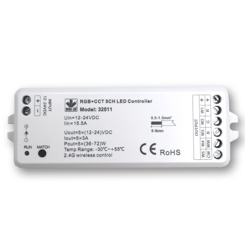 Mega LED - Wireless RF Dimmer Controller - Single Color & RGB+ 2 Whites RF Controller, 5 Channels