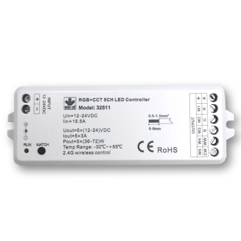 Mega LED - Wireless RF Dimmer Controller - Single Color & RGB+ 2 Whites RF Controller, 5 Channels Mega LED - Wireless RF Dimmer Controller - Single Color & RGB+ 2 Whites RF Controller, 5 Channels