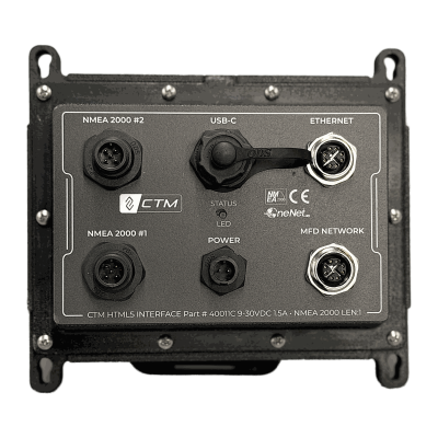 Interfaz HTML5 CTM 40011C - panel frontal con conectores NMEA 2000 #1 y #2, USB-C, Ethernet, alimentación y red MFD