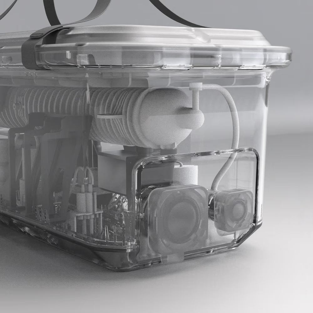 Cutaway view of the Vital Lyfe Access watermaker showing pump, RO membrane and UV-C module Cutaway view of the Vital Lyfe Access watermaker showing pump, RO membrane and UV-C module