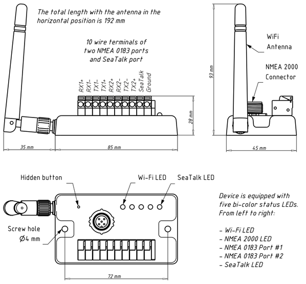 Yacht Devices NMEA 2000 Wi-Fi Router Dimensions