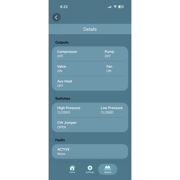 Micro-Air Connect app Outputs, switches & faults